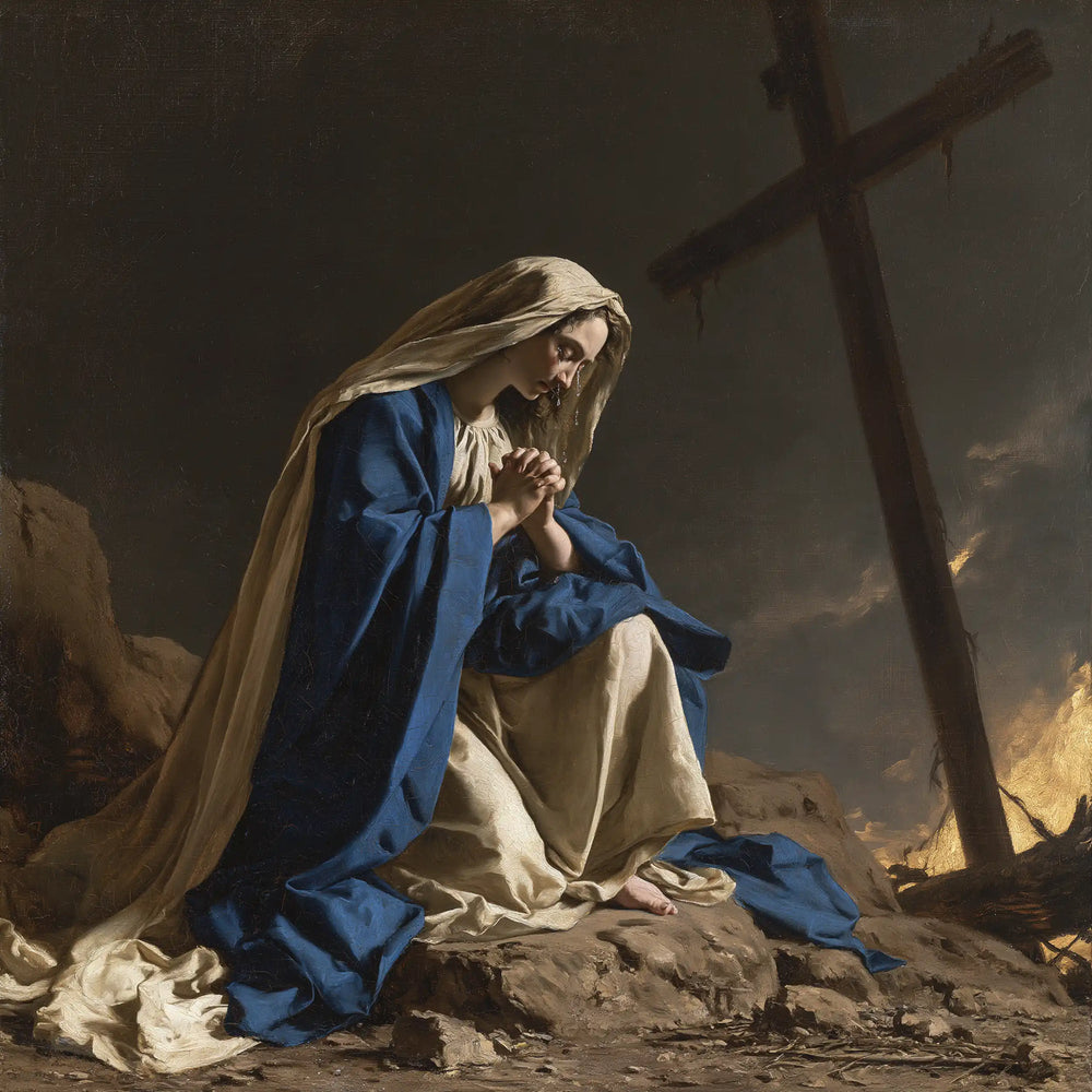 Mary kneeling before the Cross in Mary Kneeling before the Cross style, square Christian artwork no. 3