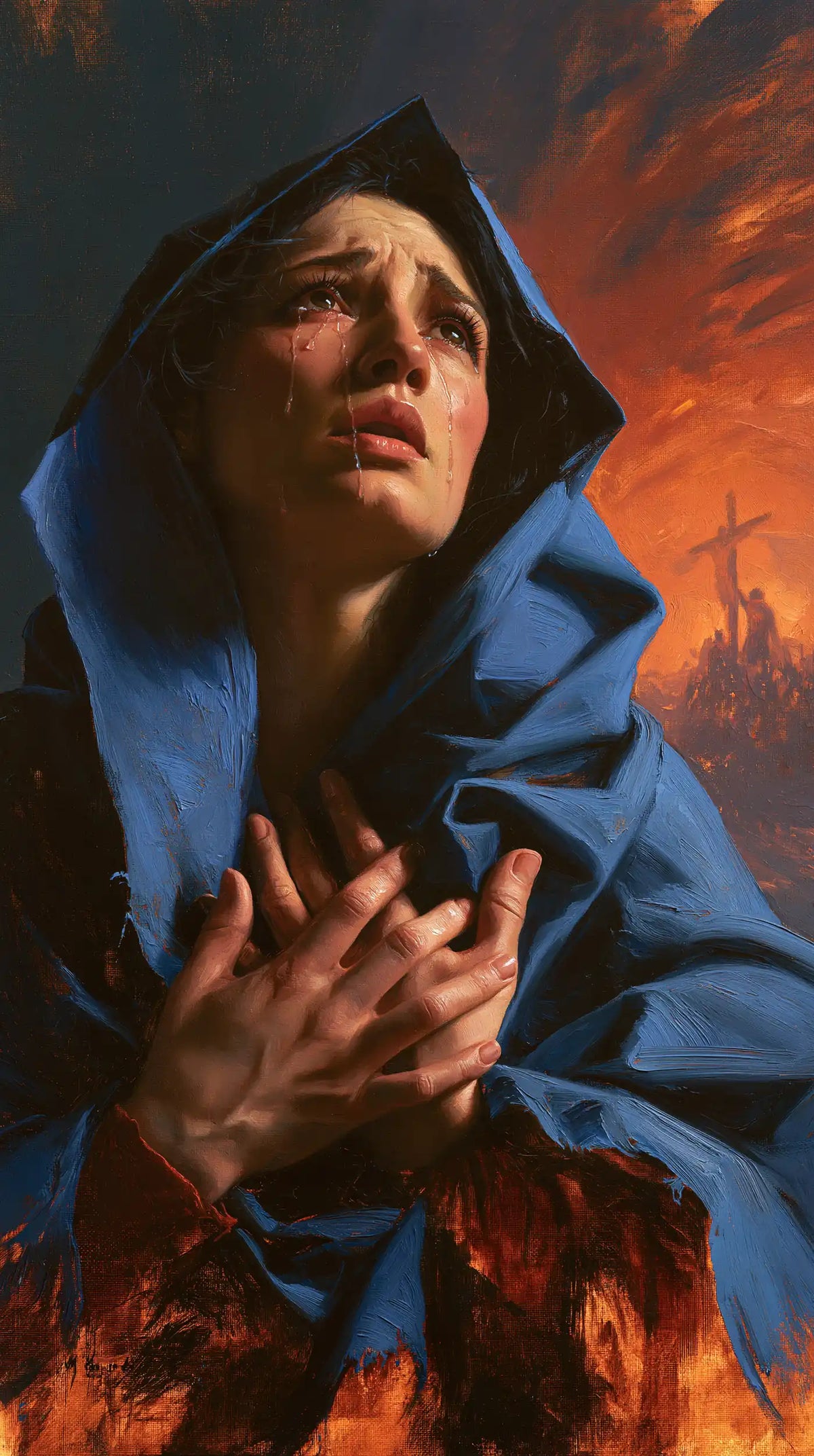 Mary experiencing profound maternal sorrow in Profound Maternal Sorrow style, portrait Christian artwork no. 4