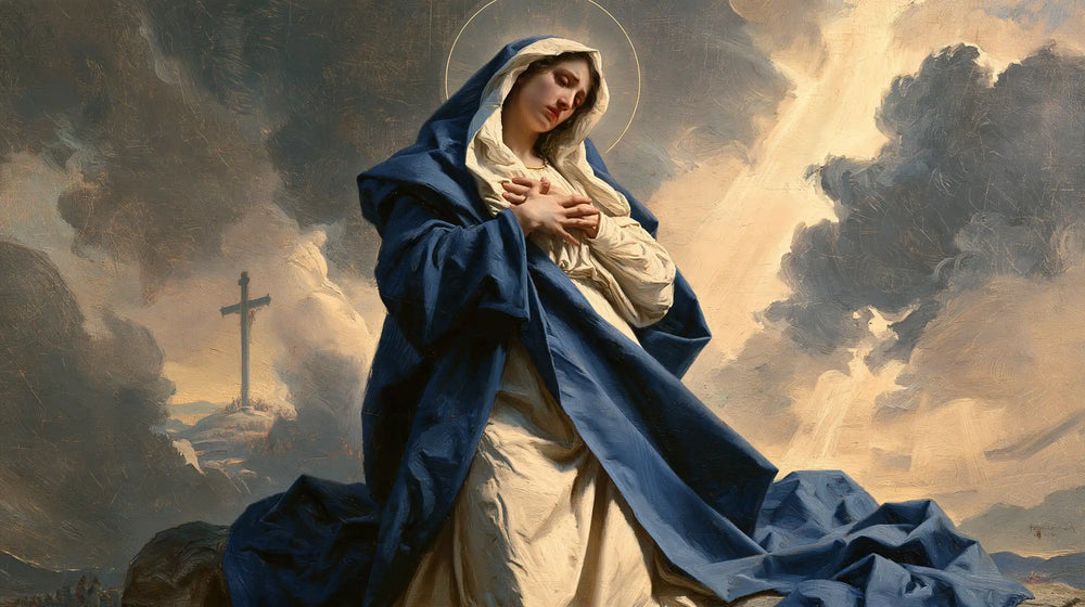 Our Lady of Sorrows in a monumental sacred view in Sacred Monumental View style, landscape Christian artwork no. 10