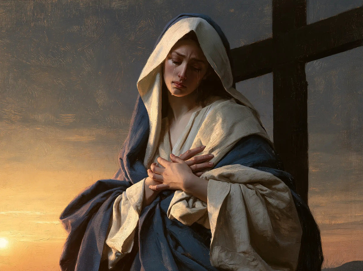 Our Lady of Sorrows between grief and hope in Sorrow and Hope style, landscape Christian artwork no. 8