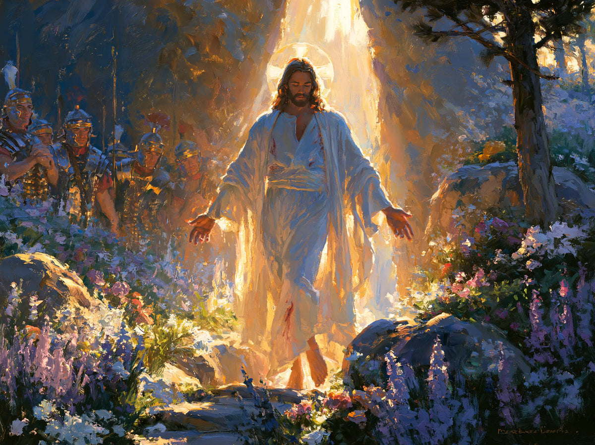 Resurrection of Jesus Christ in Impressionist style, landscape Christian artwork no. 11
