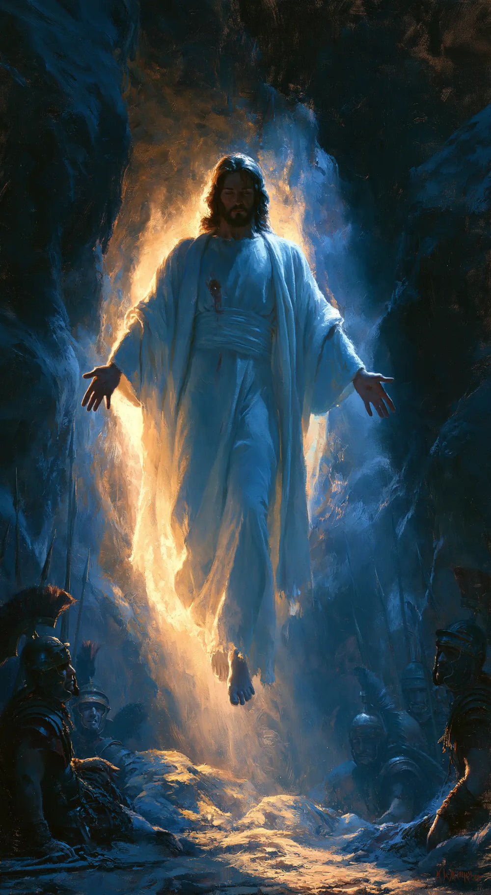 Resurrection of Jesus Christ in Midnight-blue Chiaroscuro style, portrait Christian artwork no. 7