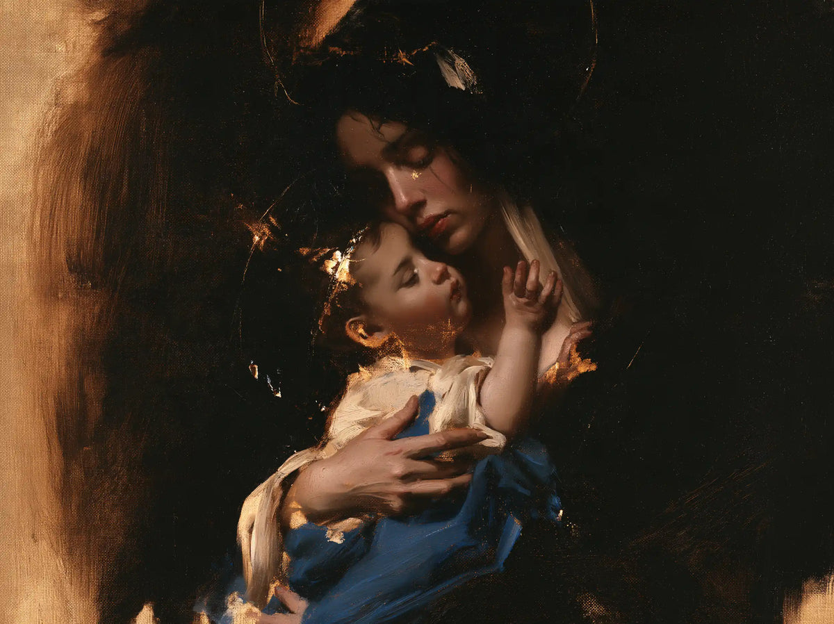 the Virgin Mary holding the Child Jesus in Black and Gold style, landscape Christian artwork no. 1