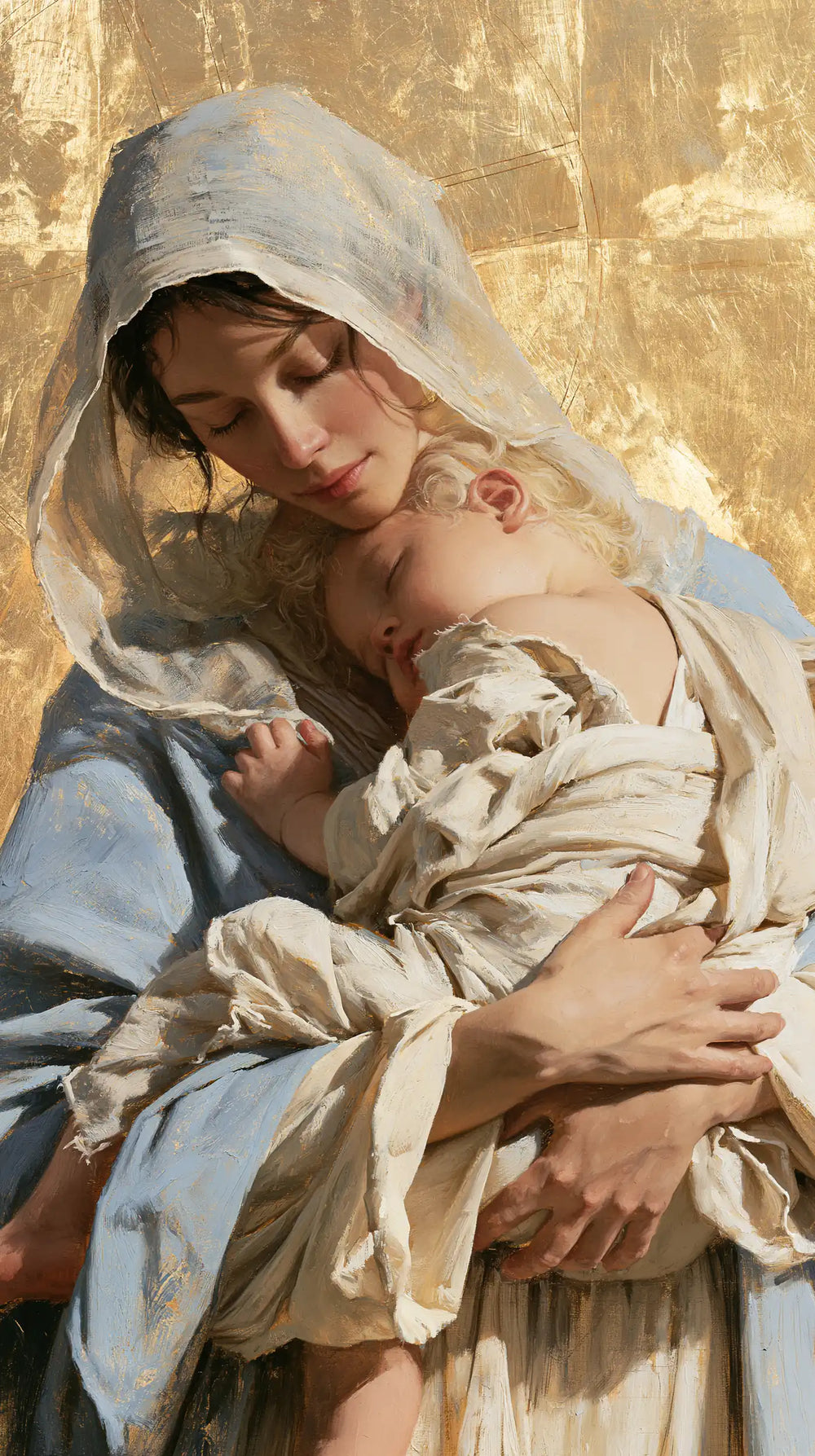 the Virgin Mary with the Child Jesus in Sacred Gold style, portrait Christian artwork no. 10