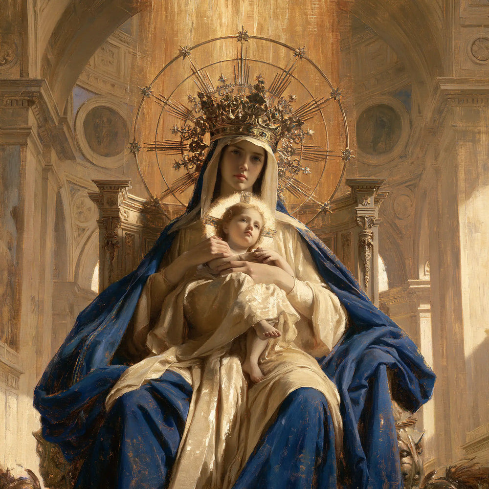 the Virgin Mary and the Child Jesus in a majestic composition in Sacred Monumental View style, square Christian artwork no. 3
