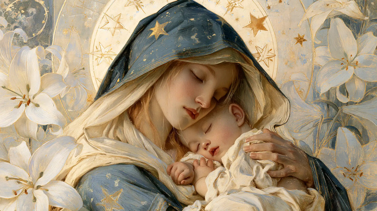 the Virgin Mary and the Child Jesus in Symbolist style, landscape Christian artwork no. 7