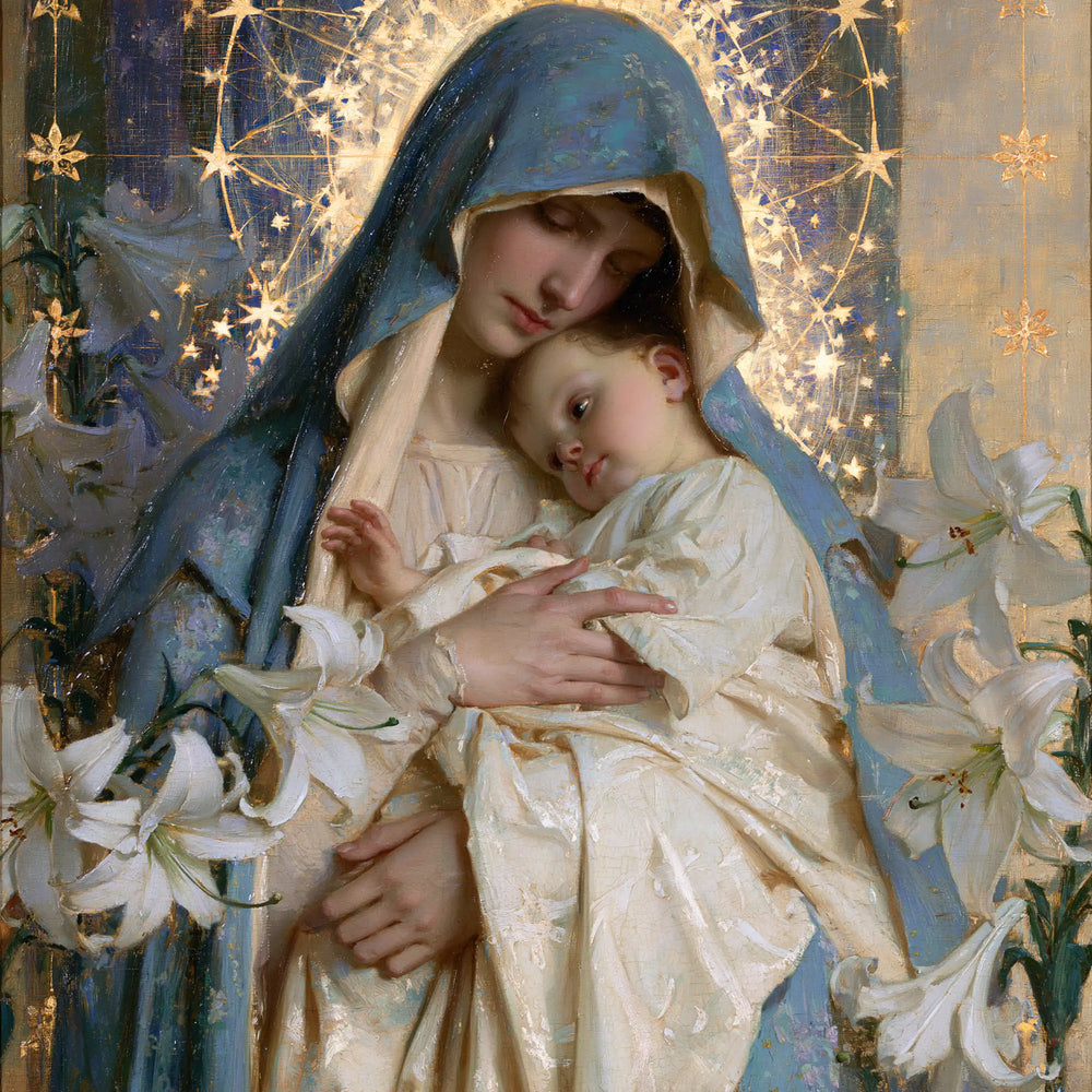the Virgin Mary and the Child Jesus in Symbolist style, square Christian artwork no. 8