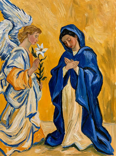 White Lily Annunciation in Cobalt Blue – Post-Impressionist Art · Portrait